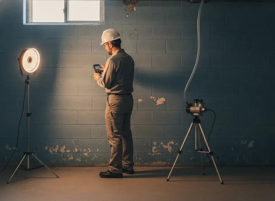 Mold inspector taking a moisture reading and air sample in a basement