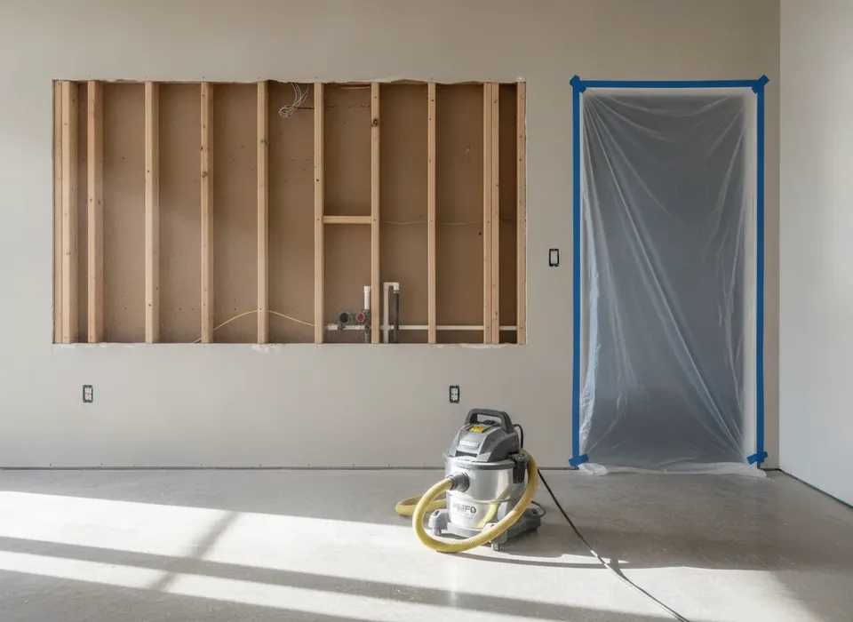 Drywall removed to the studs inside a sealed work area